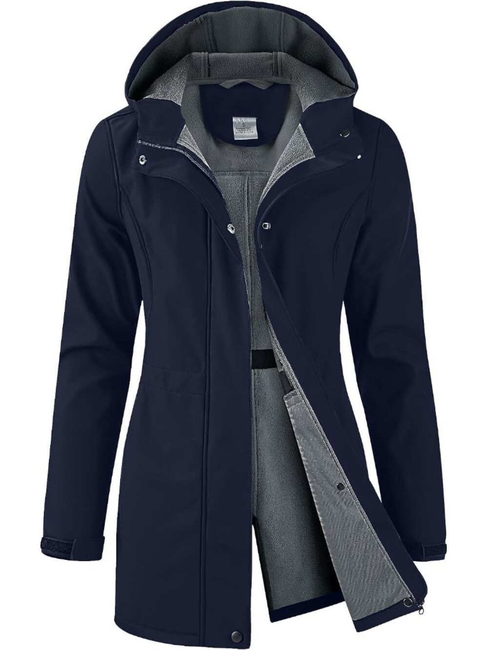 Women's Navy Hooded Fleece Lined Waterproof Hiking Softshell Long Rain Jacket